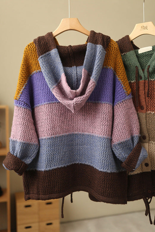 Casual Color Striped Hooded Knit Sweater