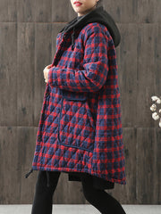 Vintage Loose Plaid Quilted Hooded Padded Coat
