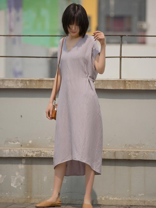 Loose Linen Lace-Up V-Neck Soft Dress