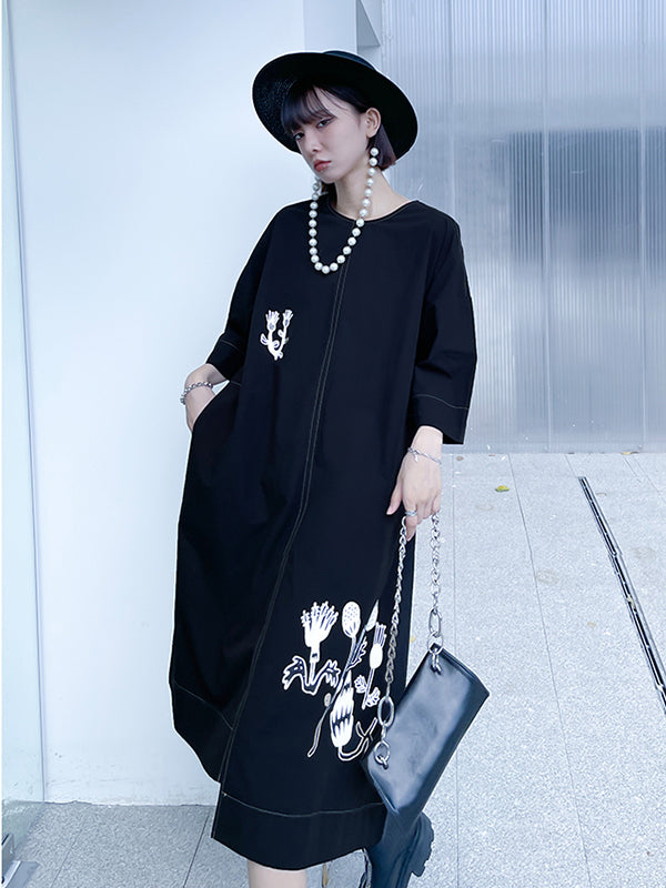 Irregular Printed Three-Quarter Sleeves Midi Dress