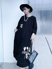 Irregular Printed Three-Quarter Sleeves Midi Dress