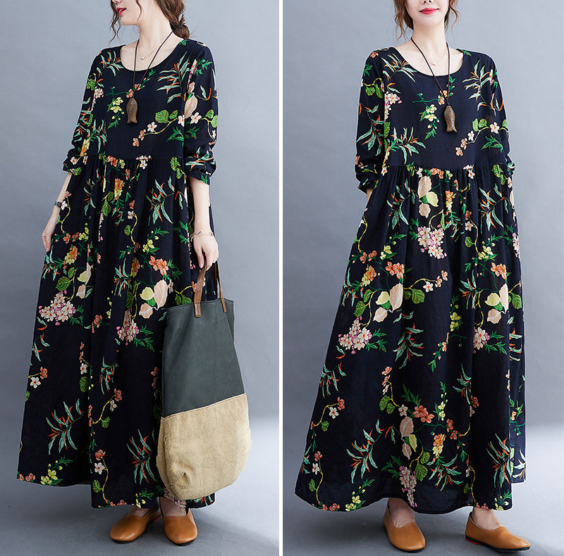 Round Neck Long Sleeve Floral Printed Retro Maxi Dress