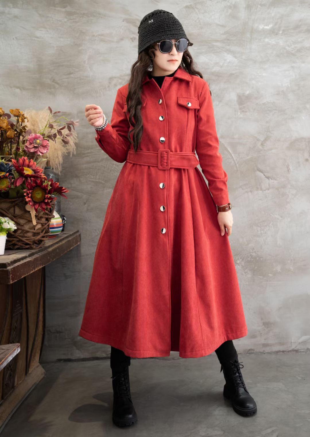 Retro Solid Color Snow Fleece Midi Shirt Dress