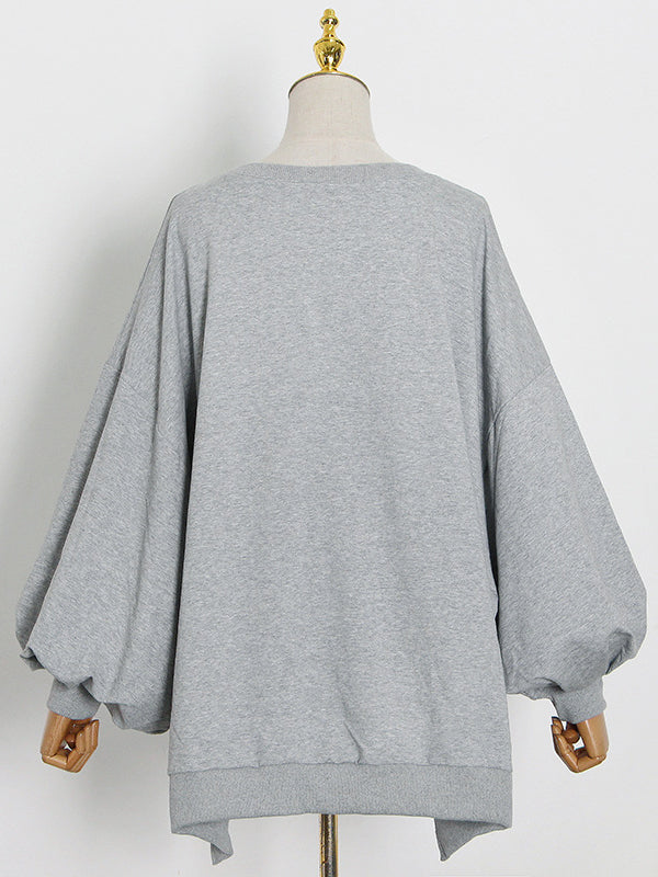 Casual Minimalist Puff Sleeves Pure Color Round-Neck Sweatshirt Top