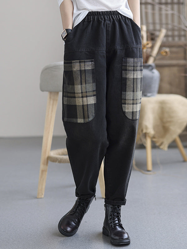 Retro Loose Stitching Pocket Plaid Jeans