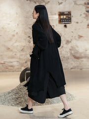 Simple Black Solid Color Knitted Midi Outwear