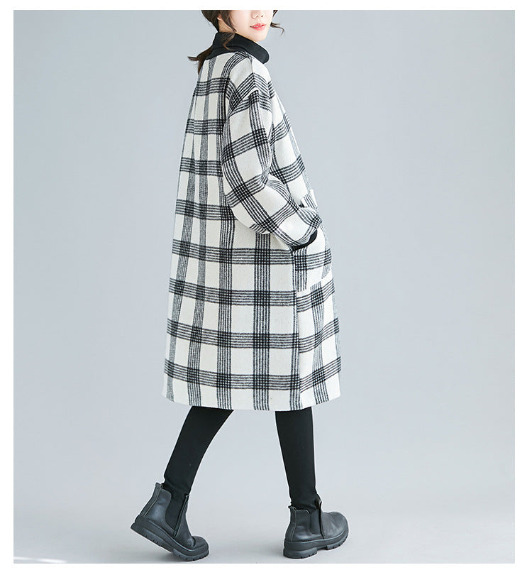 Women Retro Plaid Color Block High Neck Dress