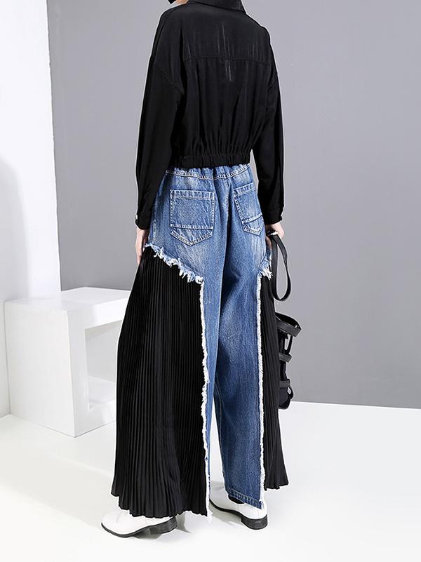 Loose Split-joint Pleated Jean Pants