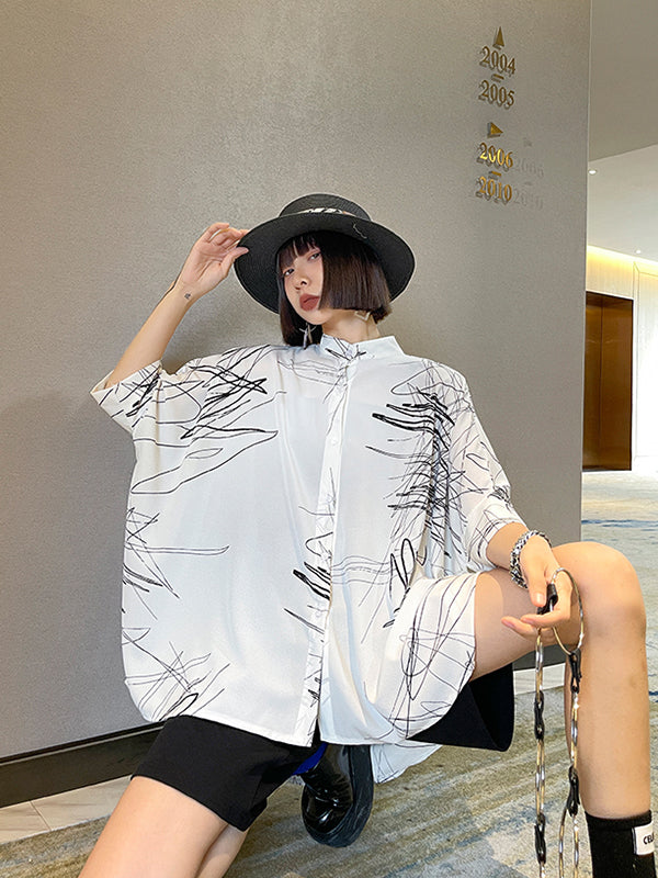 Loose Abstract Printed Irregular Stand-Collar Blouse