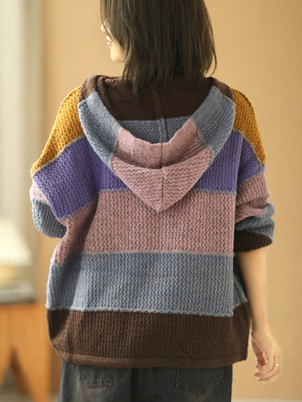 Retro Color Striped Hooded Sweater