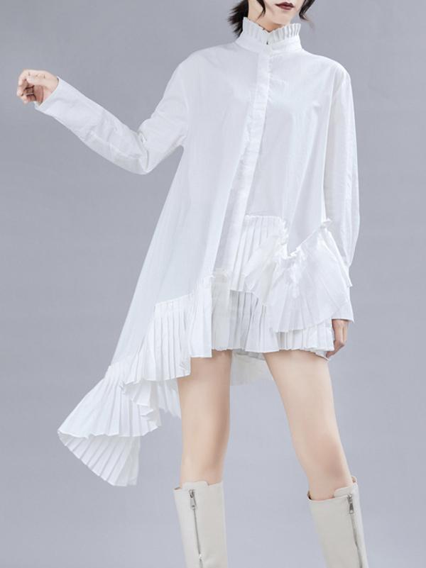 Loose Stand Collar Ruffled Retro Shirt