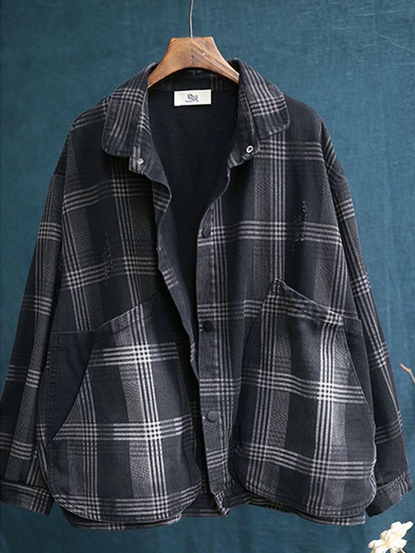 Vintage Loose Plaid Denim Short Coat