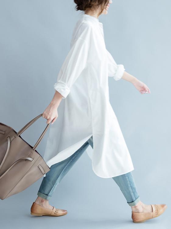 Simple Stand-collar White Long Blouse Dress