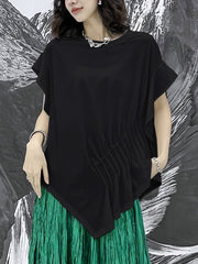 Irregular Clipping Roomy Pleated Pure Color Split-Joint Round-Neck T-Shirts