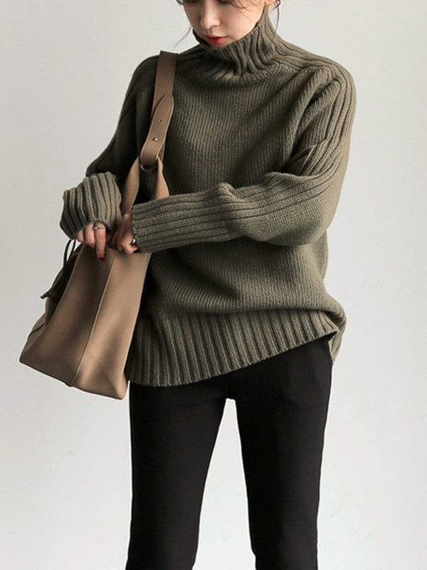 Women Solid Color Pullover Turtleneck Sweater