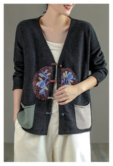 Vintage Printed Plate Button Sweater Coat