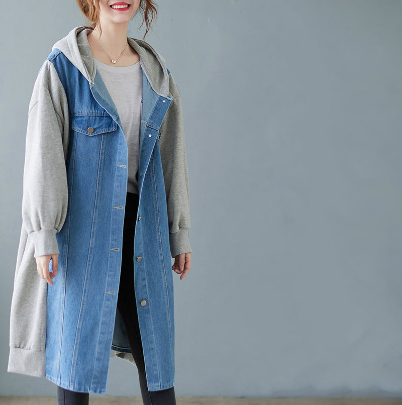 Large Size Hooded Denim Stitching Mid-Length Coat