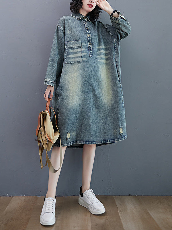 Women Retro Lapel Denim Dress