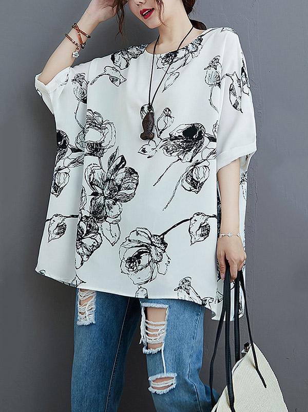 Plus Size Loose Print Chiffon T-Shirt