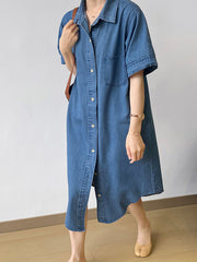 Lapel Short Sleeves Solid Maxi Dress