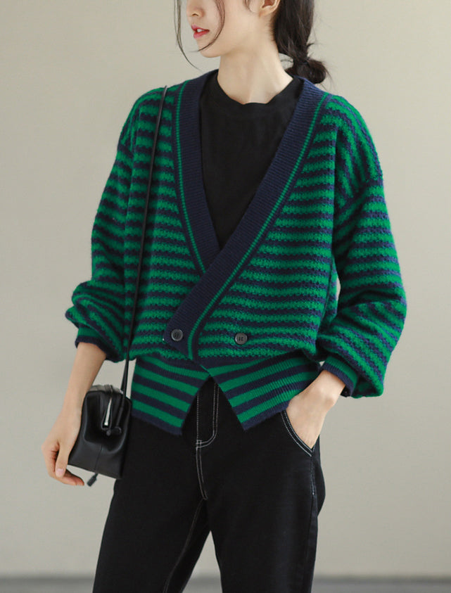 Loose Casual V-Neck Stitching Striped Sweater Coat