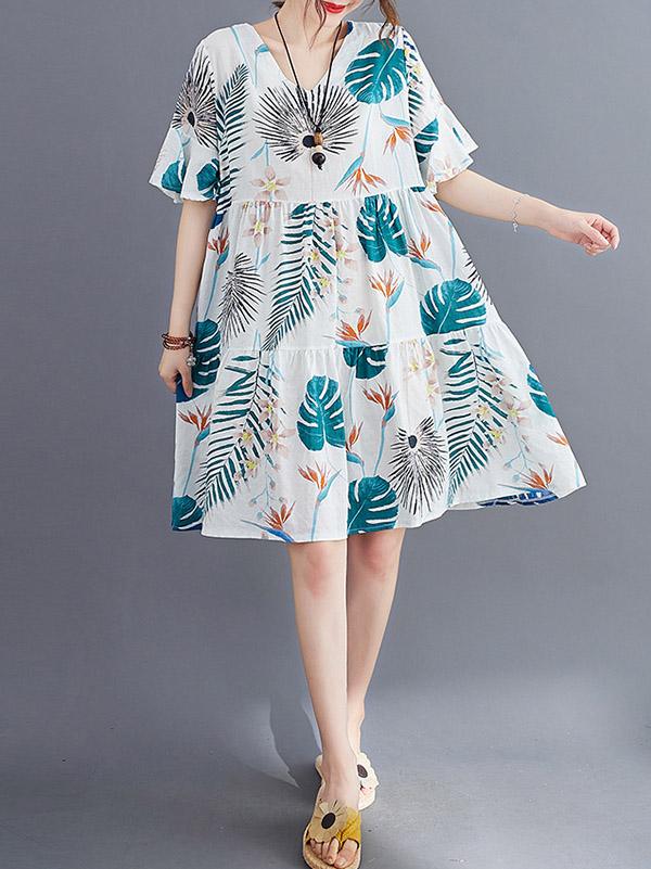 Fashion 2 Colors Printed V-Neck Dress