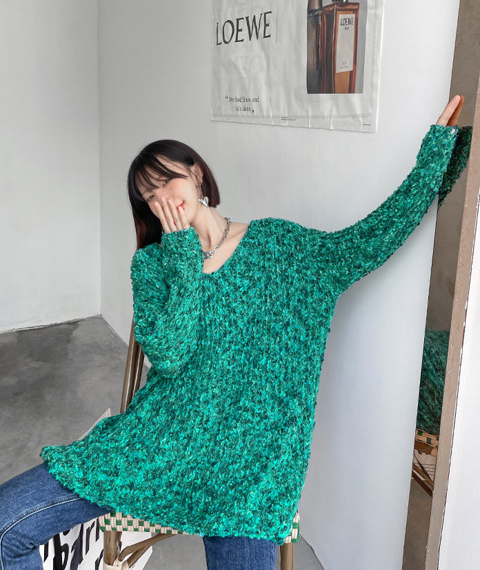 Loose V-Neck Long Sleeve Solid Color Knitted Sweater