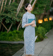 Vintage Print Pendulum Side Split Temperament Elegant Cheongsam Maxi Dress