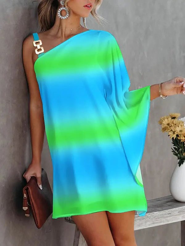 Batwing Sleeves Hollow Printed One-Shoulder Mini Dresses