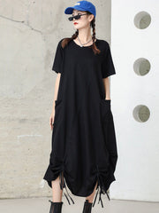 Original Creation Short Sleeves Roomy Drawstring Pure Color Round-Neck Midi Dresses