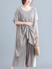 Two-Pieces Solid Pleated Cropped T-Shirt And Wide Leg Pants Suits