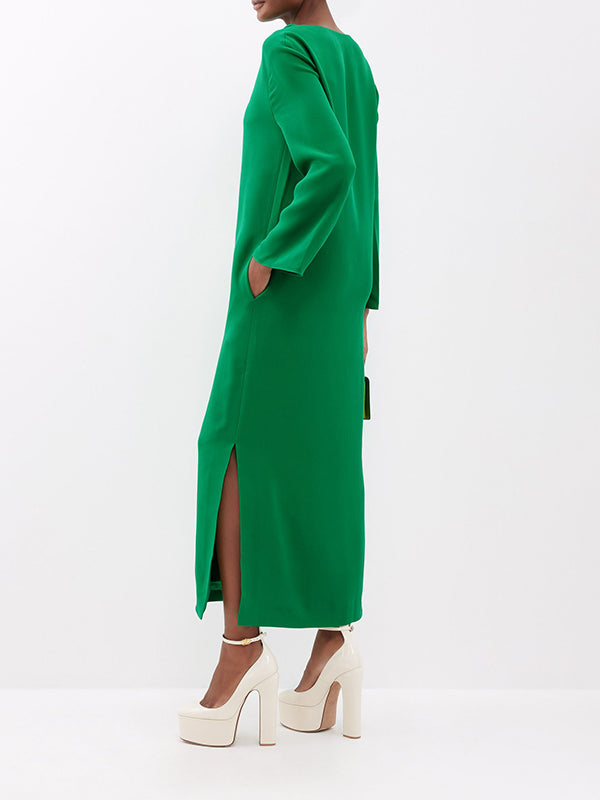 Long Sleeves Wrap Solid Color Split-Side V-Neck Maxi Dresses