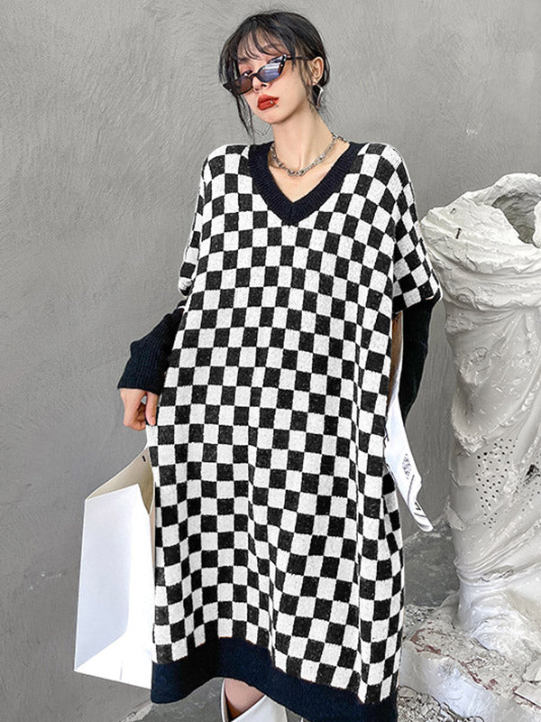 Original Roomy Plaid V-Neck Long Sleeves Sweater Dress