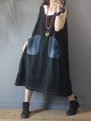 Vintage Pocket Splicing Sleeveless Jean Dress