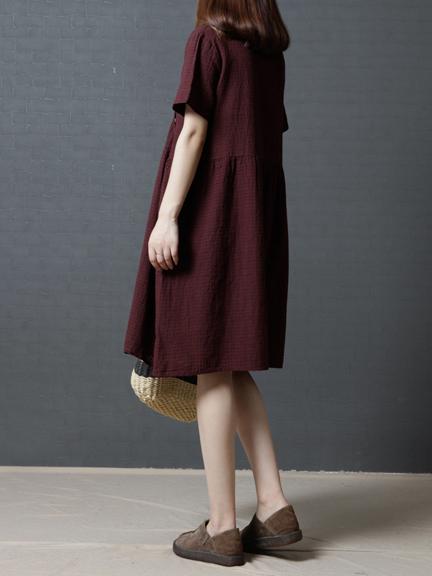 Plaid Loose Ramie Cotton Linen Long Dress