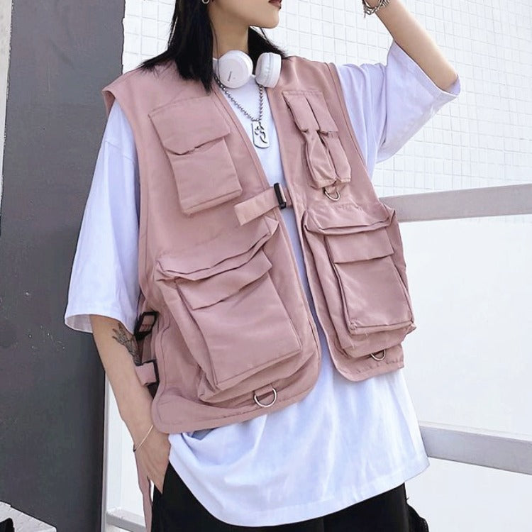 Women Solid Color Multi Pocket Loose Casual Vest