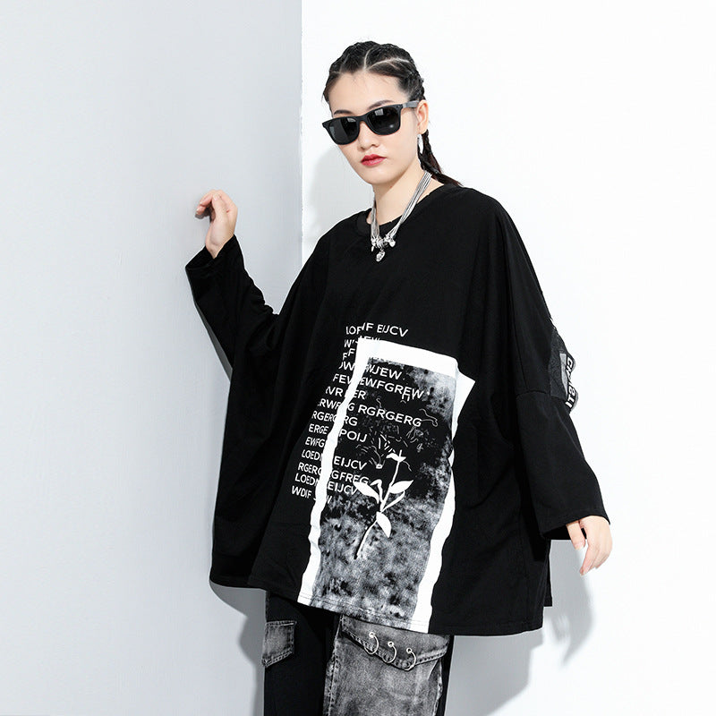 Letter Printed Long Sleeves Loose T-Shirt