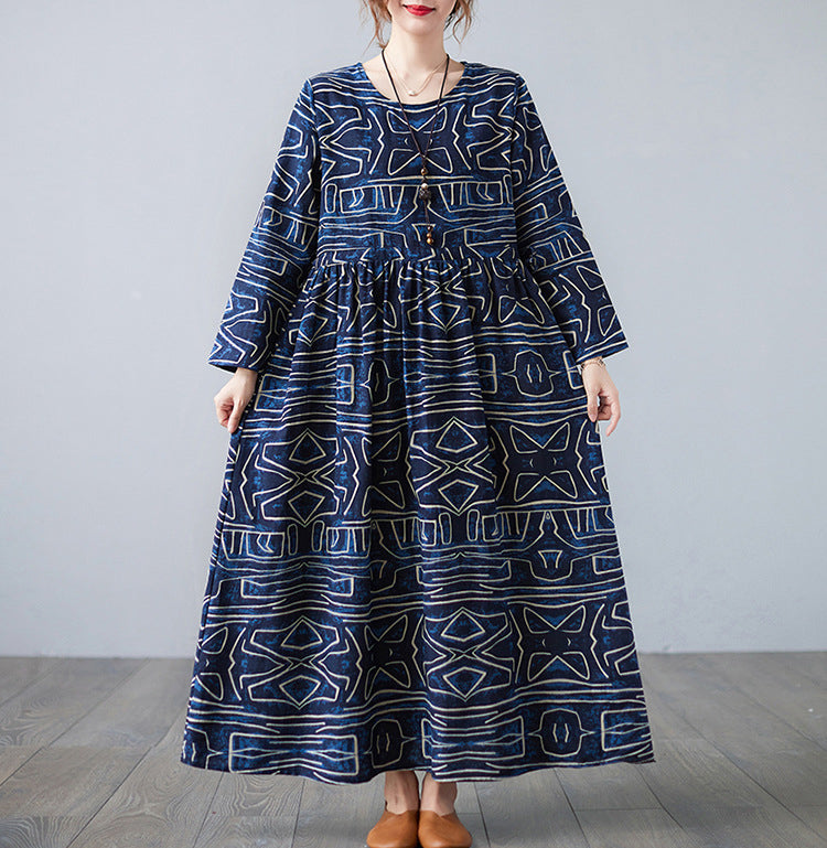 Retro Printed Stitching Loose Maxi Dress