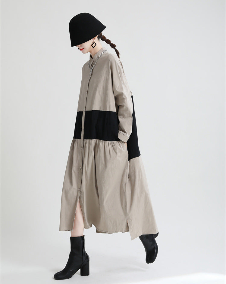 Stitching Contrast Color Loose Big Swing Long Sleeve Dress