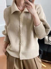 Women Lapel Solid Color Casual Sweater