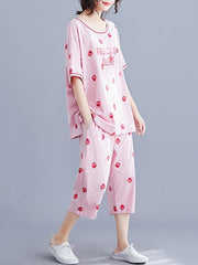 Loose Short Sleeve Printed Loungewear&Pajamas Set