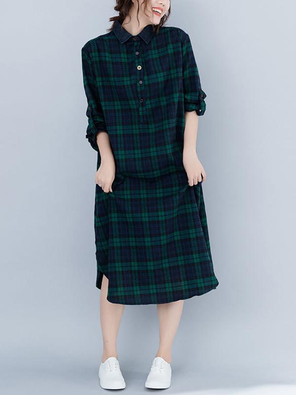 Loose Plaid Split-Joint Shirt Dress