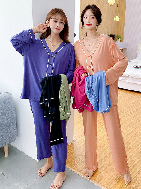 Two Pieces Solid Color Loose Comfort Tops And Pants Pajamas