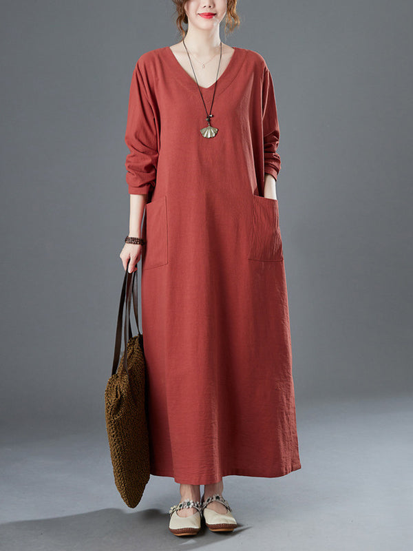 Vintage Solid Color V-Neck Midi Dress