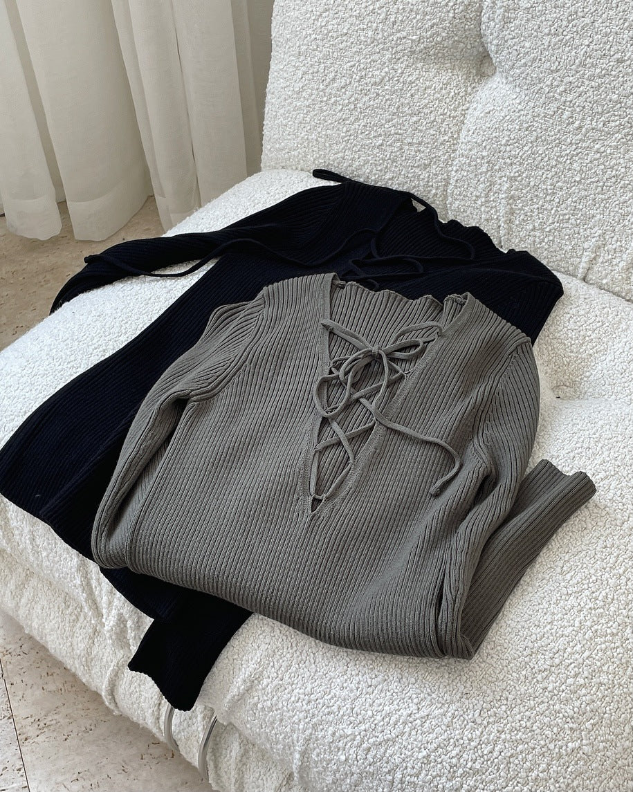 Cross Lacing V-Neck Knitted Long Sleeves T-Shirt