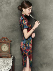 Elegant Flower Short Slim Cheongsam Dress