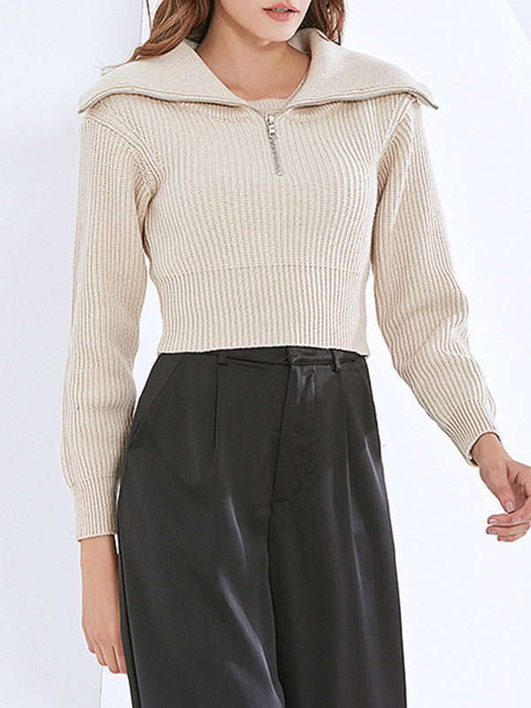 Lapel Pullover Zipper Solid Sweater