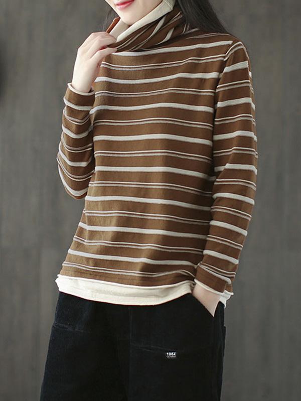 Striped High Neck False Two Knitting Sweater