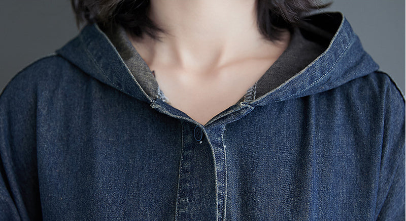 Hooded Denim Loose Splited Maxi Dress