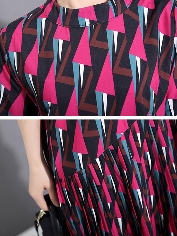 Rhomboid Print Pleat Round Neck Dress